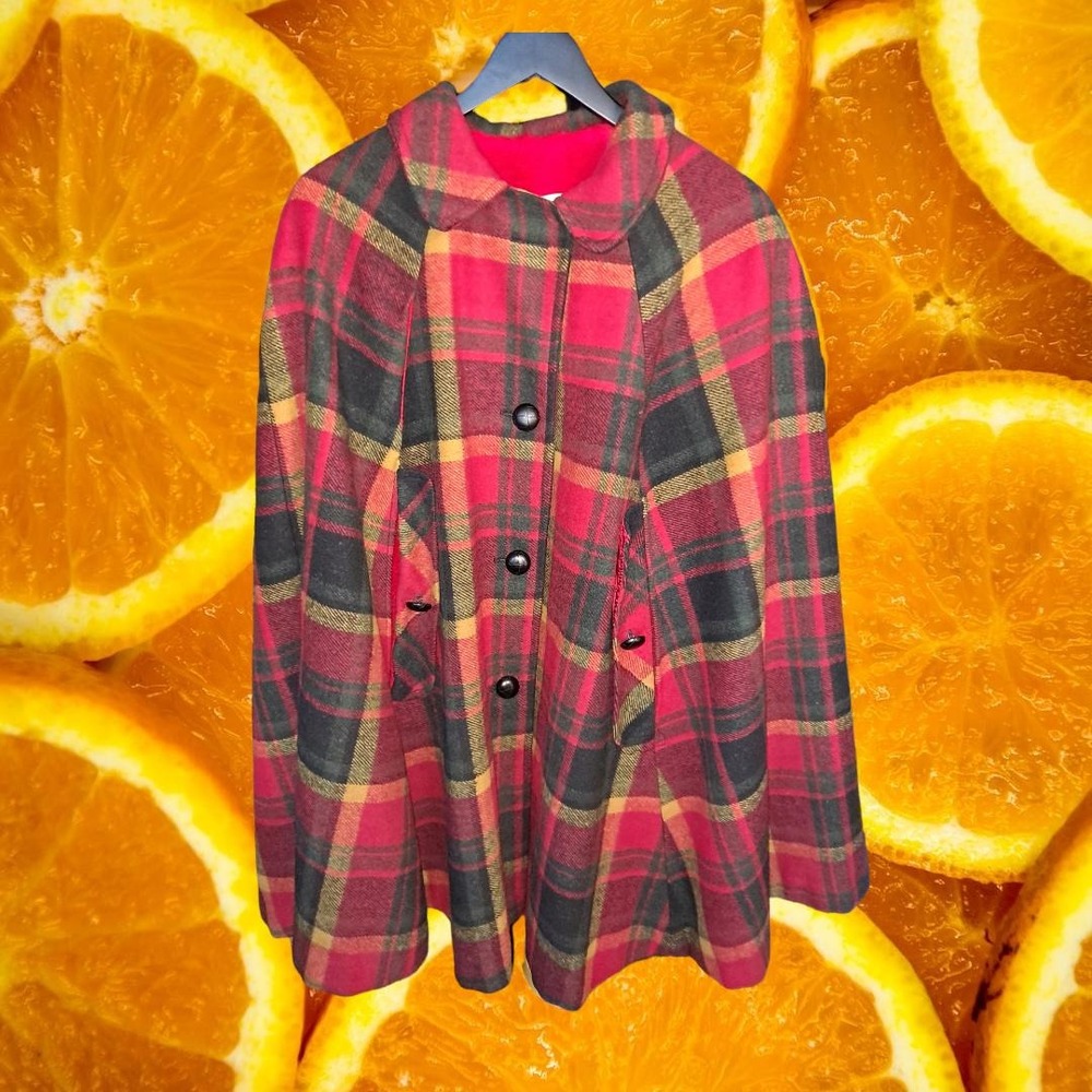 Vintage B Altman & Co Plaid Wool Cape Red Faux Fur Lined Button Front Poncho